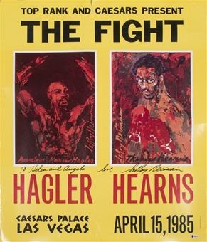 1985 LeRoy Neiman Autographed Hagler Vs. Hearns Fight Poster Inscribed To Angelo Dundee (Beckett)